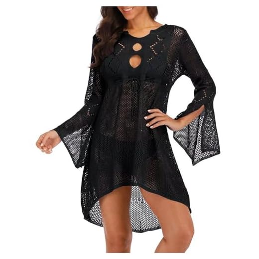 Jinsha Gestrickte Bikini Cover Up Strandponcho Strandkleid für Damen Sommer Pareos (Schwarz)