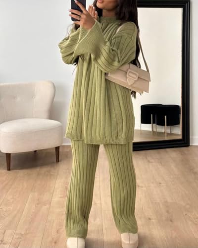 Women's 2 Piece Fall Outfits Long Sleeve Knit Pullover Sweater and Wide Leg Pants Lounge Set2