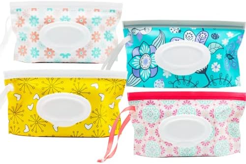 LESHANE Baby Wipe Dispenser, 4 Pack Portable Refillable Wipe Holder, Reusable Lightweight Wipes Container Case Holder for Travel Wet Wipe Pouch, Floral