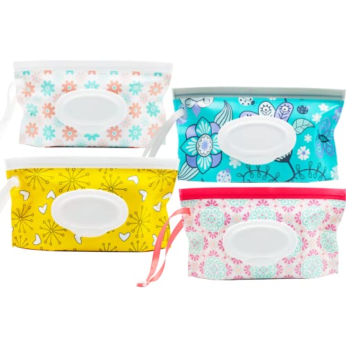 Leshane Baby Wipe Dispenser, 4 Pack Portable Refillable Wipe Holder, Reusable Lightweight Wipes Container Case Holder For Travel Wet Wipe Pouch, Floral #TOP8