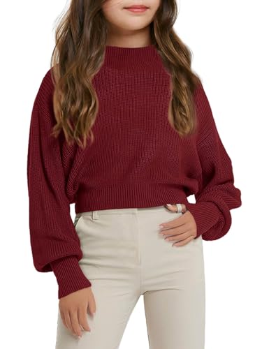 Haloumoning Girls Knit Pullover Sweaters Mock Neck Long Lantern Sleeve Jumper Tops 5-14 Years