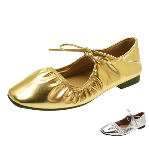 Women's Wrinkled Leather Lace Up Flat Mules Fashion Lace Up Closed Round Toe Shallow Mouth Ballet Shoes Comfortable Lightweight Luxury Casual Business Wedding Dress Shoes