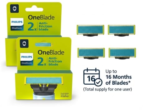 Philips OneBlade - Lame di ricambio anti-attrito 4 lame (2 x 2), compatibili con rasoio elettrico da uomo, viso e corpo, tecnologia anti-irritazione, fino a 16 mesi, modello QP225/5