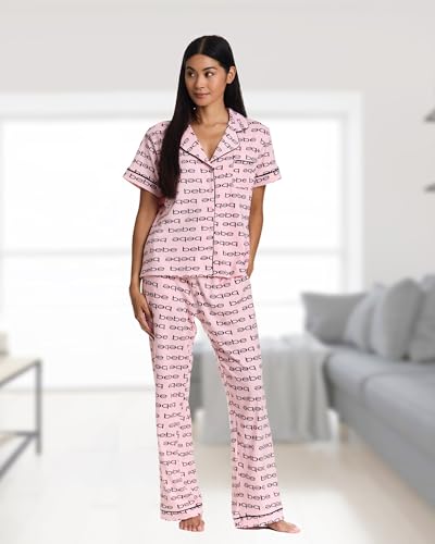 Image of bebe Womens 2 Piece Bridesmaid Pajamas Set Short Sleeve Button Down Shirt and Pants