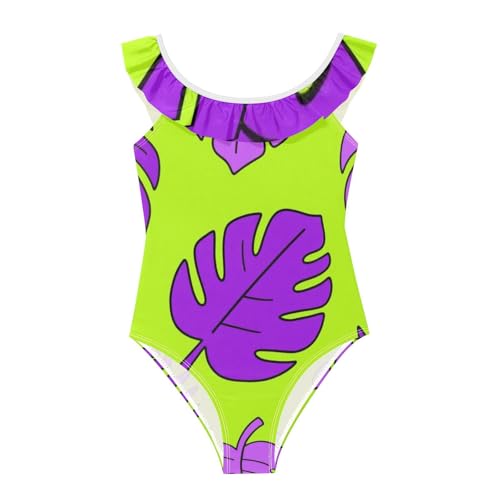Traje de baño para niñas morado hojas verdes fluorescentes vibrante