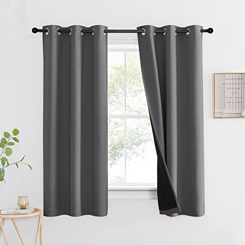 NICETOWN 100% Blackout Curtain with Black Liner, Thermal Insulated Full Blackout 2-Layer Lined Drape, Energy Efficiency Window Drapery for Bedroom (Gr