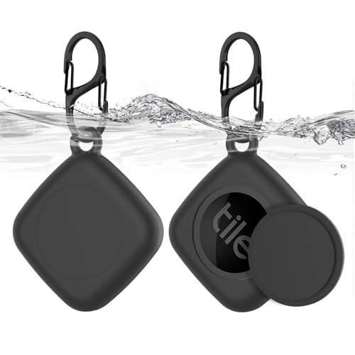 Silicone Case for Life360 Tile Tracker 2 Pack, for Tile Mate 2022 Full Body IPX8 Waterproof and Anti-Scratch Protective with Carabiner for Kids, Keys, Luggage, Cat/Dog Collar Tag (Black+Black)