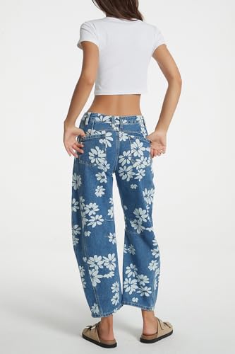 D-Sun Women Printed Barrel Jeans Casual Low Rise Floral Printed Cropped Wide Leg Denim Pants Boyfriend Baggy Jean with Pocket4