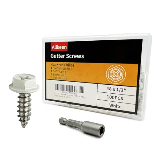 Allkeen White Painted Self Tapping Gutter Screws #8 x 1/2\" Hex Head Downspout Sheet Metal Screws, 100 Pieces
