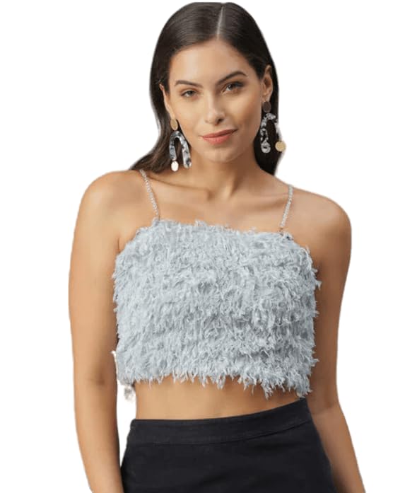 Women Solid Color Feather Crop Top(26-32)-image-48