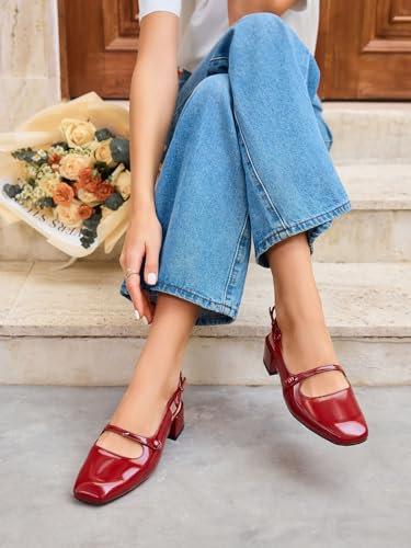 Image of Coutgo Womens Mary Jane Shoes Slingback Chunky Low Heels Bow Closed Square Toe Pumps Wedding Party Dress Shoes