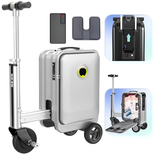 JXUANMM 20L Electric Suitcase You Can Ride, Smart Rideable Suitcase with 92.5Wh Removable Battery, External Charging Port, Carry on Luggage Airline Approved, for Travel Load 110kg Silver-with1battery