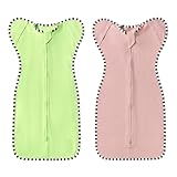 2-Pack Baby Transition Swaddle Set, Breathable Newborn Sleep Sack with Arms Up Design & 2-Way Zipper, 100% Cotton Transition Swaddle for Infant Boys Girls (Light Green + Rose Pink, S(0-3 Months))