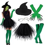LXWINNER Disfraz bruja Mujer Halloween, Adulto Disfraz de Bruja, Falda Tutú Gorro Bruja y Medias, Gafas, Guantes Disfraces Halloween Witch Costume Adulto Disfraces Carnaval Cosplay (Verde)