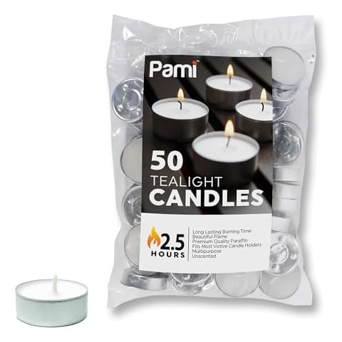 PAMI Premium 50 Pack Long-Lasting Tealight Candles - Unscented Tea Candles with 2.5 Hours Burning Time- Paraffin Tealights with Beautiful Flame- Round Candles Perfect for Votive Candle Holders Cover