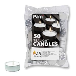 PAMI 50 Pack Unscented Small Round 1 Inch Shabbat Tea Light Candles with 2.5 Hours Burn Time Perfect for Votive Holders
