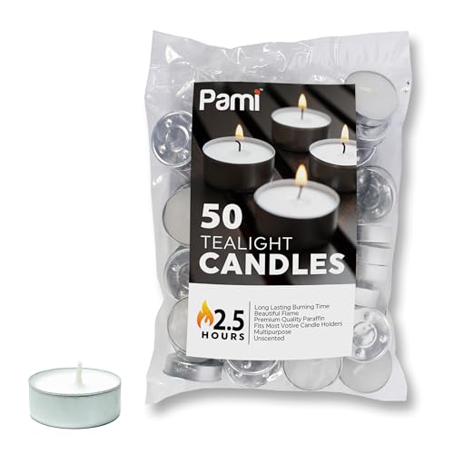 PAMI 50 Pack Unscented Small Round 1 Inch Shabbat Tea Light Candles with 2.5 Hours Burn Time Perfect for Votive Holders