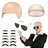 JNYUTEEN 4 Piezas Gorro de Calva de Látex, Peluca Calva con Gorro Red Peluca Elástico Gafas de Sol y Bigote Falso, Calva Disfraz Adultos para Halloween Carnaval Cosplay
