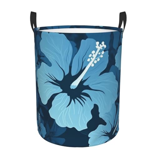 Blue hibiscus print Circular Hamper Waterproof Storage Bin Organizer Basket Laundry Hamper With Handles For Clothes Toys Medium