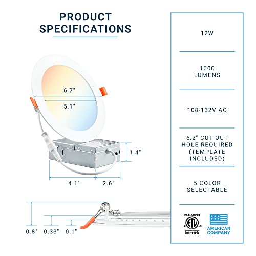 Parmida (16 Pack) 6 Inch Dimmable 5Cct Ultra-Thin Led Recessed Ceiling Light With Junction Box, 5 Color Selectable 2700K/3000K/3500K/4000K/5000K, 12W, Canless Wafer Slim Panel Downlight, Ic Rated, Etl #TOP1