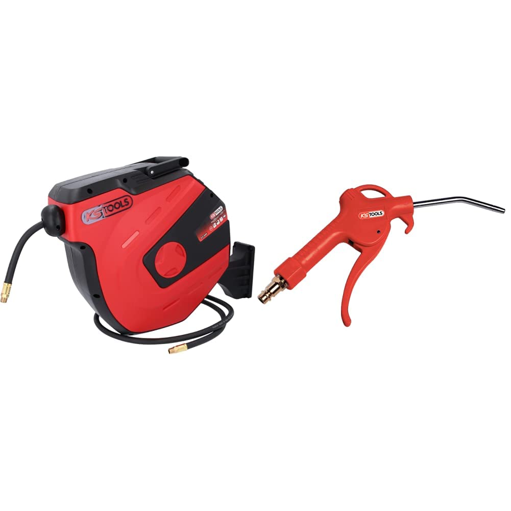 KS Tools 515.344 - Enrouleur air et Eau 3/8'' avec Tuyau ø10 mm, raccord 1/4'' - 15m & 515.1902 Soufflette Avec Buse 95 Mm - 1/4'' - 6,35 Mm