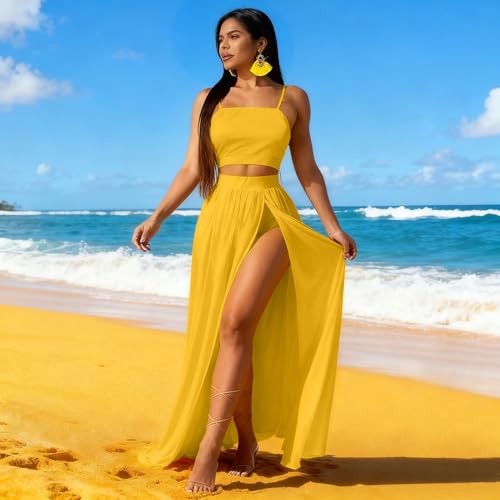 Image of Women Sexy 2 Piece Outfits Dress Chiffon Strap Deep V Neck Bra Crop Top High Split Maxi Dresses Skirt Set
