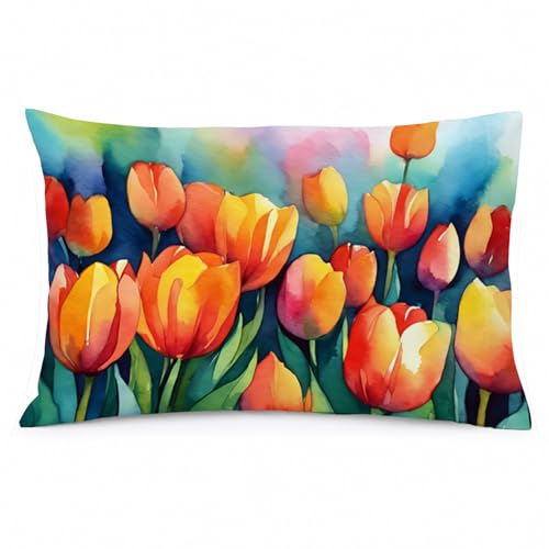 Caroline's Treasures DAC1620PILLOWCASE Tulips in Watercolor Fabric Standard Pillowcase Lightweight Super Soft Easy Care Decorative Artwork Pillowcase, Standard