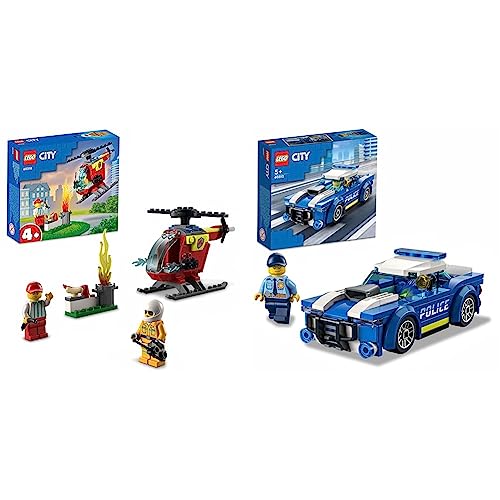 Image of LEGO City Fire Helicopter 60318 Building Kit (53 Pieces) City Police Car 60312 Building Kit (94 Pieces),Multicolor