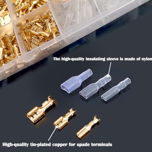 Tnisesm 640Pcs 2.8/4.8/6.3mm Male and Female Spade Connector & Bullet Connectors Terminals Wire Crimp Terminal with Insulating Sleeve Assortment Kit for Car Audio Speaker Electrical Wiring TN-02-2