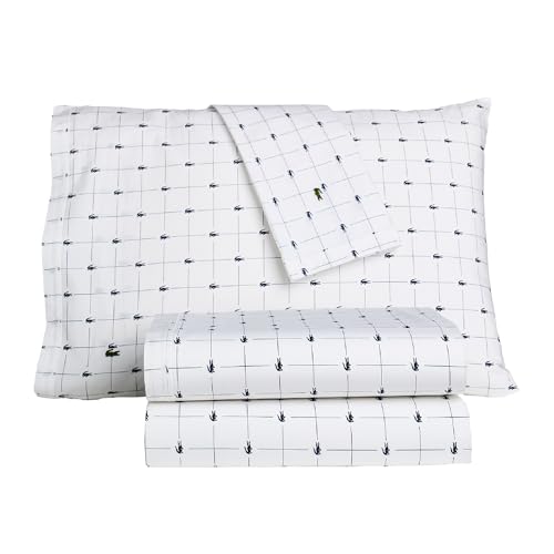 Lacoste Conjunto de lençóis de 4 peças de percal 100% algodão fatiado – fresco, nÃtido, fosco e durável, certificado Oeko-Tex – estampado, azul-marinho, queen