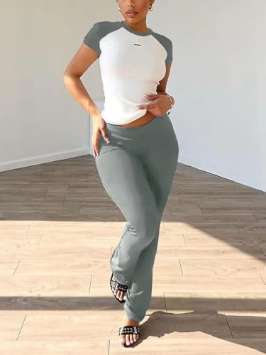 Nimsruc 2 Piece Outfits for Women Casual Sweat Sets Comfy Short Sleeve Matching Tracksuits Grey L - Thumbnail 4