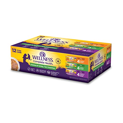 Image of Wellness Complete Health Pate Variety Pack Adult Canned Wet Cat Food, Natural, Protein Rich, Grain Free, Chicken and Turkey Favorites, 5.5 oz, Pack of 12 Cans