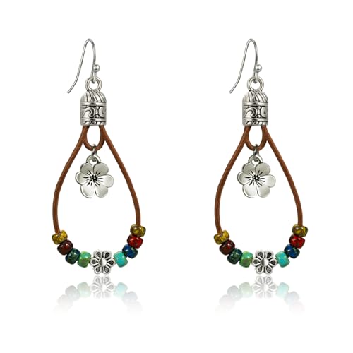Boho Earrings for Women,Handmade Vintage Dangle Drop Earring,Western Country with Nature Stone and Flower