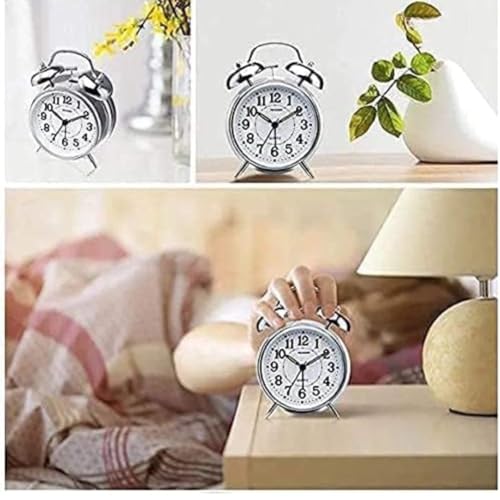 Image of JASIFS Retro Twin Bell Table Clock, Metal Frame Alarm Clock with Night Backlight, Silent Movement, High Volume Bedside Alarm for Bedroom, Office, Home Decor (Silver Clock)