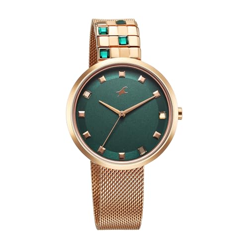 Image of Fastrack Fleek Quartz Analog Forest Green Dial Rose Gold Stainless Steel Strap Watch for Girls - NT6300WM02