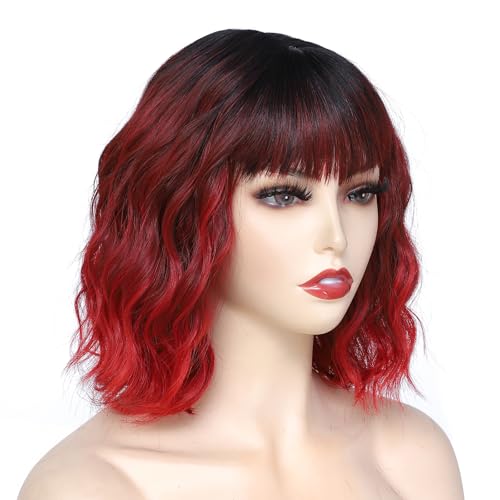 Image of Rose bud Wavy Bob Wig with Bangs Natural Ombre Red Wig Synthetic Hair Shoulder Length Short Curly Wigs for Women