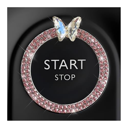 Image of DXNQ Bling Ring Emblem, Sparkling Butterfly Car Buttons and Knobs Ring, Girly Butterfly Diamond Car Engine Start Button Cover, Key Ignition Knob Rings Decoration for Women (Pink, Double Row)