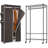 ハンガーラック幅90×奥行45×高さ184cm ワードローブ クローゼット カバー付き キャスター付 スチールラック メタル スリム 省スペース おしゃれ 頑丈 ハンガーかけ コートハンガー 洋服収納 (グレーブラウン)