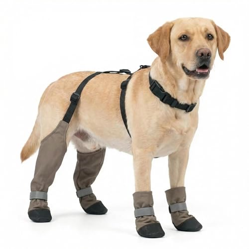 Waterproof Dog Suspender Boots - Reflective, Anti - Slip Dog Shoes with Adjustable Straps Stay - On Paw Protector for Outdoor Adventures in Rain & Snow (Khaki, XL)