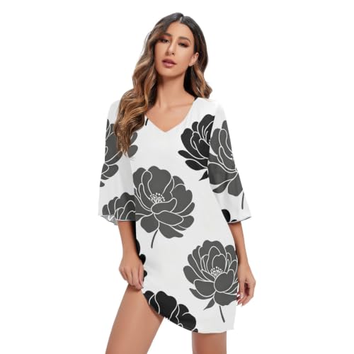 Robe en mousseline de soie haut de gamme à col V et pivoine noire