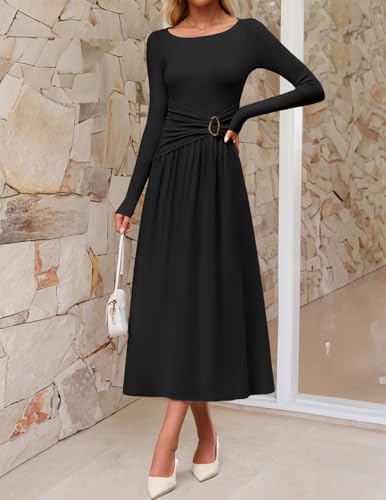 MEROKEETY Women's 2025 Fall Long Sleeve Midi Dress Elegant Boat Neck Ruched Swing Cocktail Party Dresses4