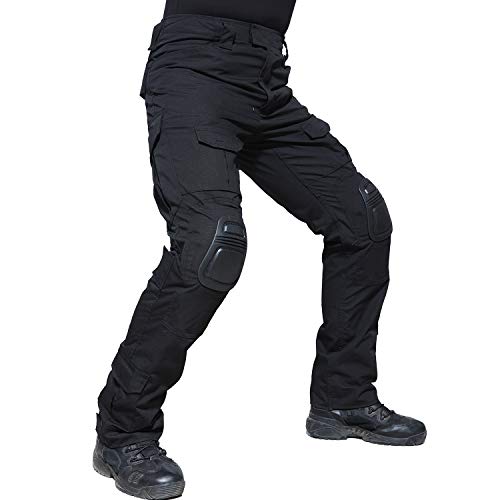 TACVASEN Mens Outdoor Ripstop Paintball BDU Tactical Camo Trousers Airsoft Pants with Knee Pads Black,Medium