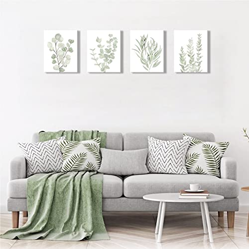 Framed Botanical Plant Canvas Wall Art | Boho Plant Wall Decor For Bedroom | Minimalist Floral Prints For Living Room | Light Green Botanical Art Painting For Office | Eucalyptus Leaf Picture | Set Of 4 | 8”X 10” #TOP3