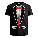 fresh tees Unisex Tuxedo Shirt with Red Bowtie | Funny T-Shirts for Women/Men (X-Large, Black)