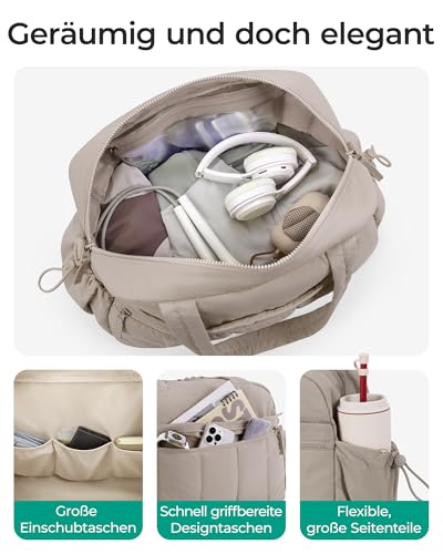 BAGSMART Puffer Reisetasche, Sporttasche Damen 24L Weekender Wickeltasche Wasserabweisend Travel Bag Handgepäck Gym Bag Kliniktasche Geburt Krankenhaustasche Mit PVC Nasse Tasche Für Fitness, Kamel 3