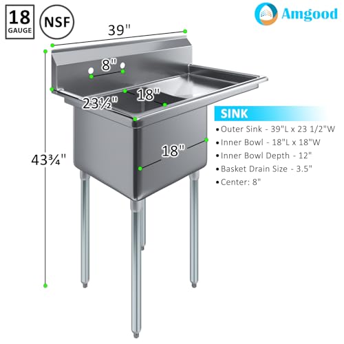 Image of 39 in. x 23.5 in. Stainless Steel One Compartment Sink with 18 in. x 18 in. Bowl and 18 in. Right Drainboard. NSF