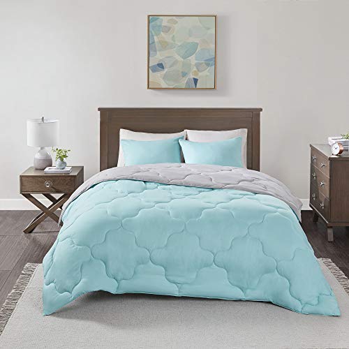 Comfort Spaces Vixie Reversible Comforter Set - Trendy Casual Geometric Quilted Cover, All Season Down Alternative Cozy Bedding, Matching Sham, Aqua/Gray, Twin/Twin Xl 2 Piece #TOP3
