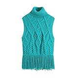 Composición Material: Punto KMPVQ 2021 suéter Chaleco Flecos suéter Chalecos de Punto Mujeres sin Mangas Turtleneck Pullover Vintage Warm (Color : Turquoise, Tamaño : M+)