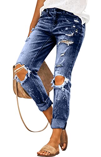 Kunmi Women's Ripped Mid Waisted Boyfriend Jeans Loose Fit Distressed Stretchy Denim Pants #TOP2