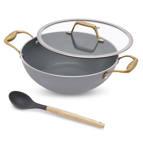 Image of Asai Ceramic Non Stick Kadai 26cm (3.5L) with Glass Lid & Spatula | Grey | Swiss Ceramic Coating | Gas & Induction Compatible | Stay-Cool Handles | Lab-Tested | 100% Toxin Free | Silicone Spatula